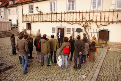 Reception by Maribor Tourism board director in fromt of the oldest vine in the world