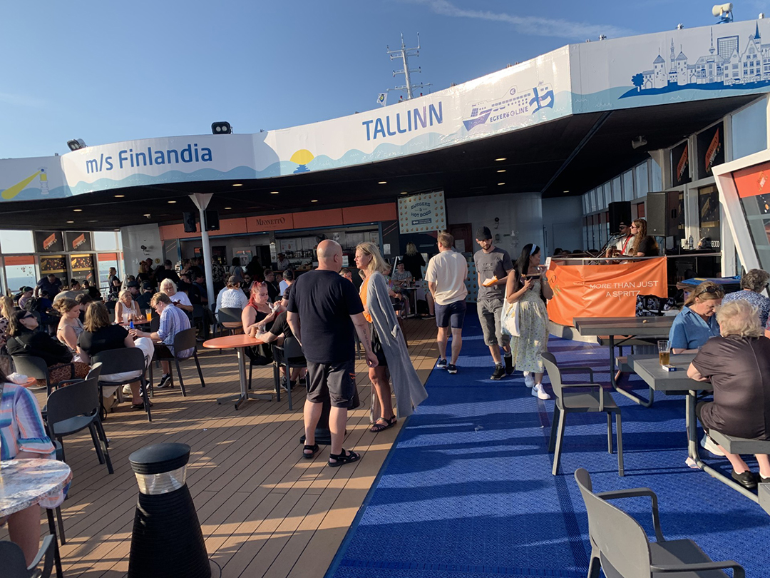 Lively atmosphere aboard the m/s Finlandia ferry, connecting Helsinki and Tallinn and popular among Finnish travelers.