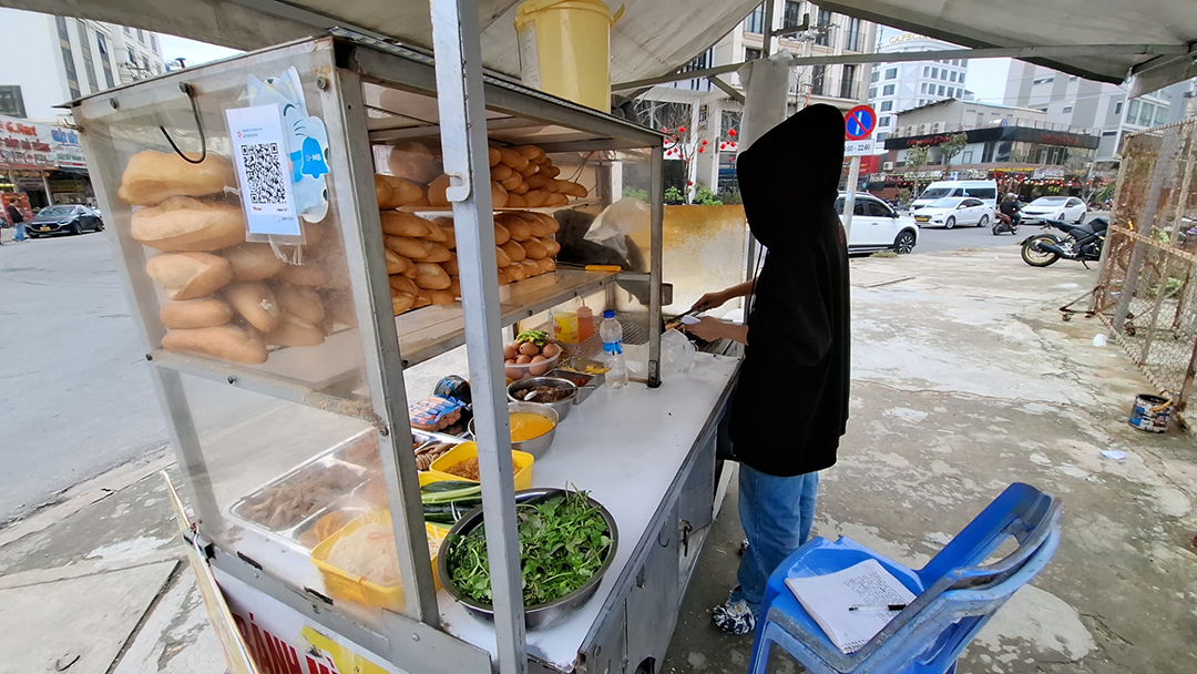 Vietnamese street food stall preparing bánh mì sandwich with vegetables and eggs at a small street cart.
