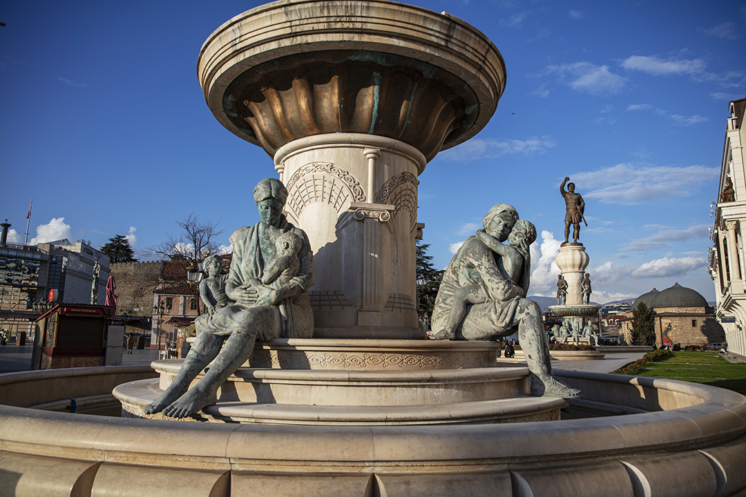 Monumental statues and architecture in central Skopje, North Macedonia