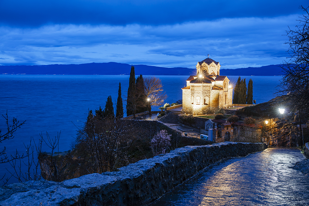 Church of St John at Kaneo overlooking Lake Ohrid at dusk