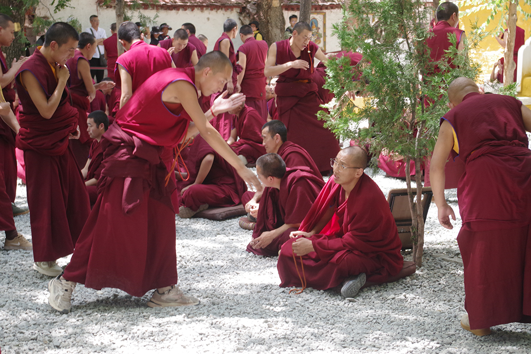 Buddhist monks taking part in a traditional dialectical debate in the courtyard of Sera Monastery in Lhasa.